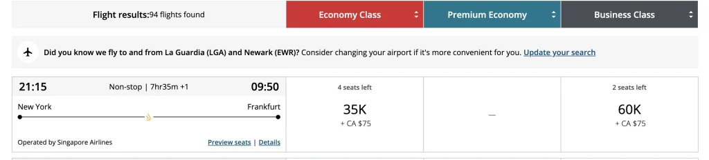 You can book Singapore Airlines business class from New York to Frankfurt, Germany for 60,000 Air Canada Aeroplan miles
