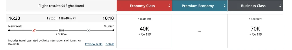 You can book Swiss Air business class from the US to Germany for 70,000 Air Canada Aeroplan miles