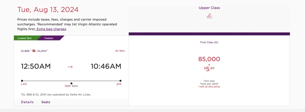 Booking a Delta operated flight via Virgin Atlantic is cheaper than booking using Delta Skymiles