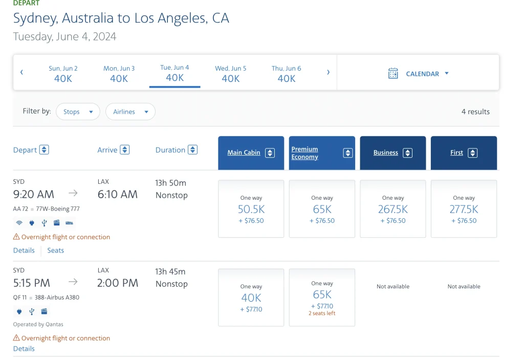 American Airlines also showed incorrect award availability