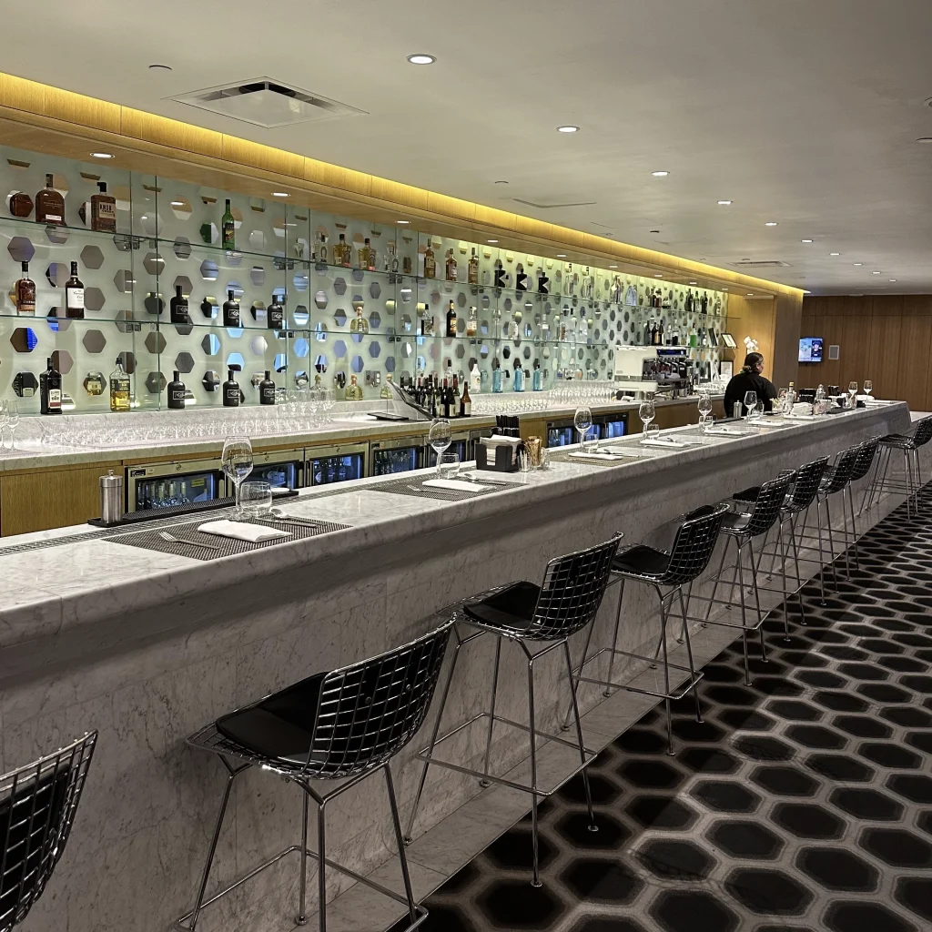 Qantas First Class Lounge LAX has a full on bar with large bar counter