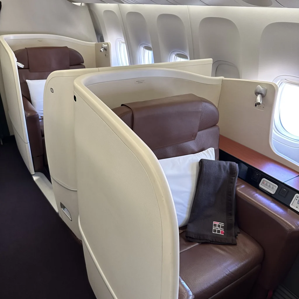 Initial view of the Japan Airlines first class seats next to the window 1A and 2A