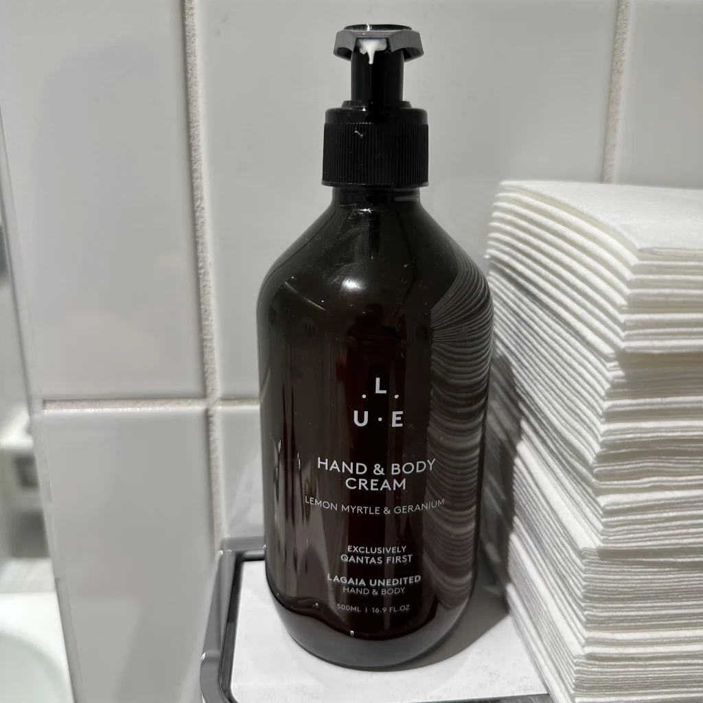 Showers at Qantas First Class Lounge LAX have exclusive LaGaia Unedited cream made exclusively for Qantas First Class
