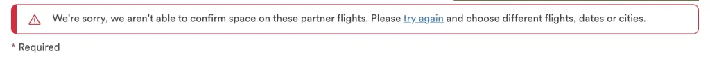 Error message on Alaska Airlines' website that is shown when trying to book phantom award seats