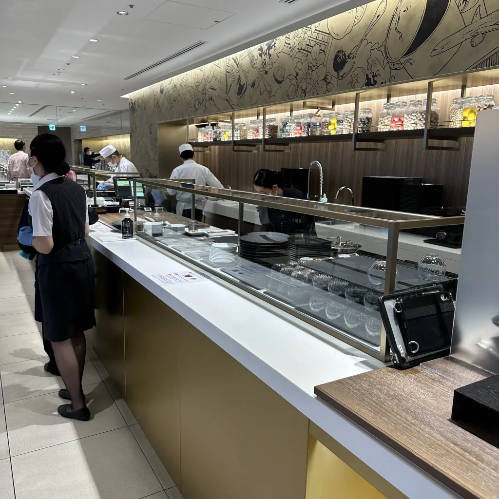 Chef's counter where you can see them prepare food in the Japan Airlines First Class Lounge