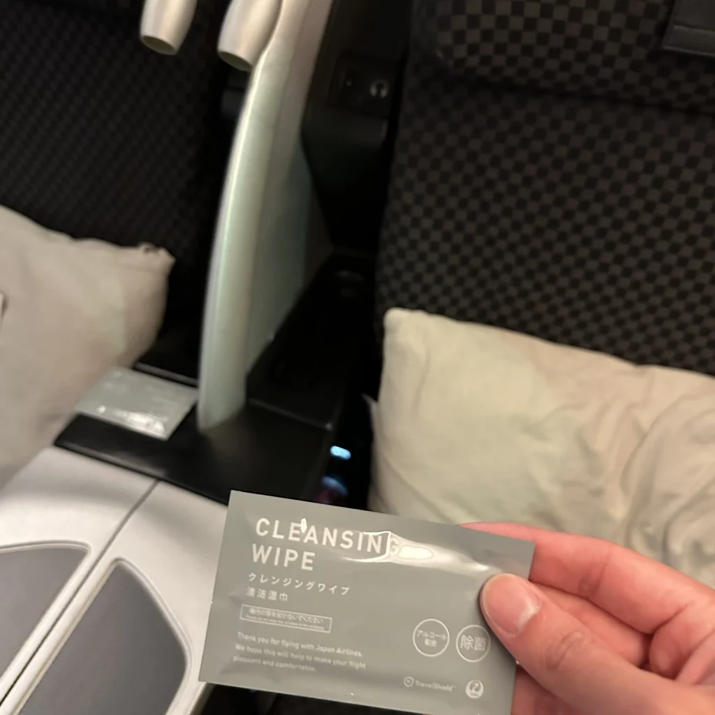 Each business class seat comes with a cleansing wipe 