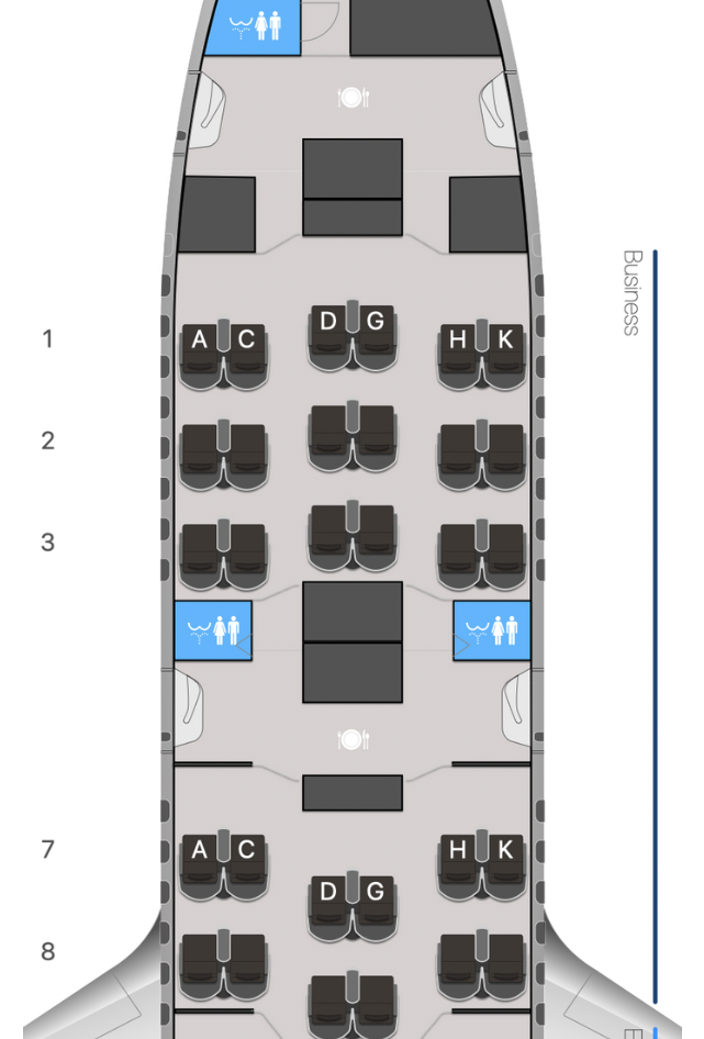 The Japan Airlines Business Class Cabin on their Boeing 787-8 aircraft is split into two sections 