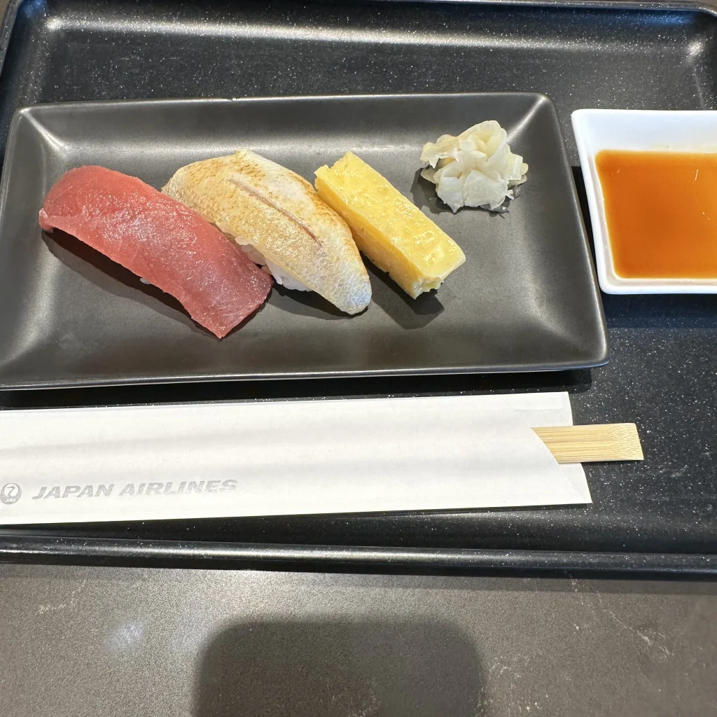 You can order assorted sushi in the Japan Airlines First Class Lounge