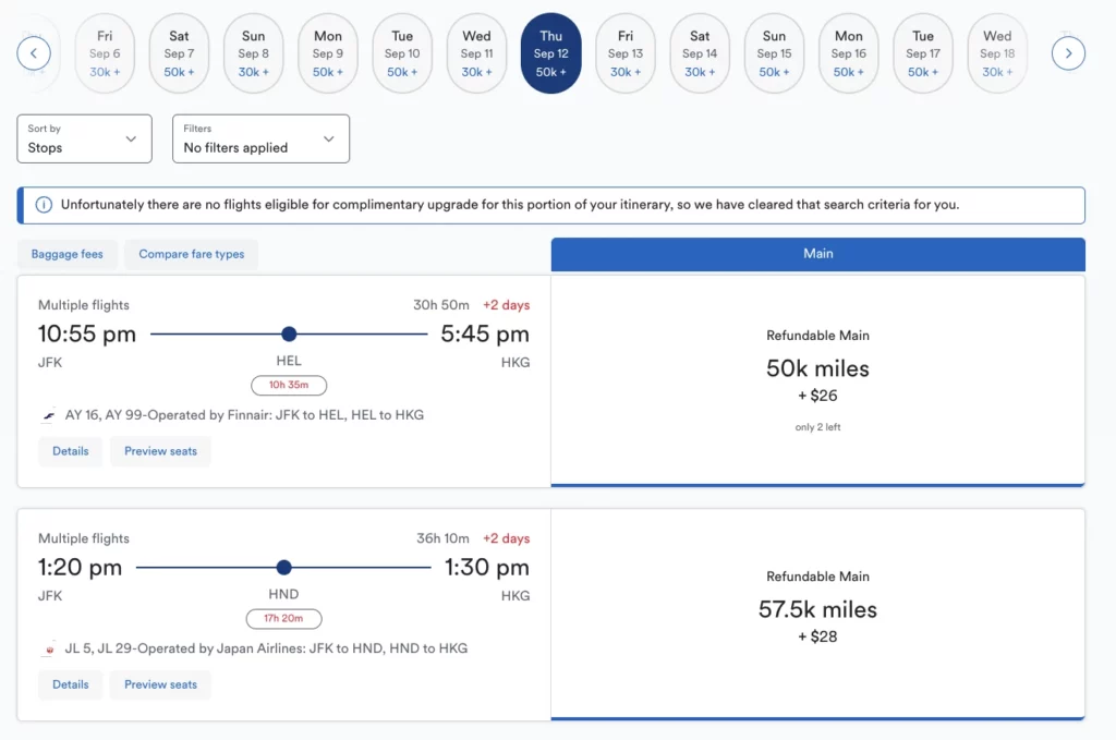 Alaska Airlines has practically no Cathay Pacific award space