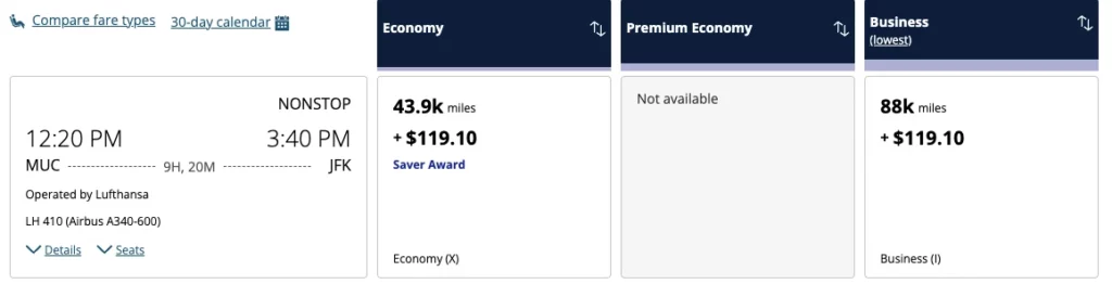 Lufthansa business class can be booked via United Airlines MileagePlus program
