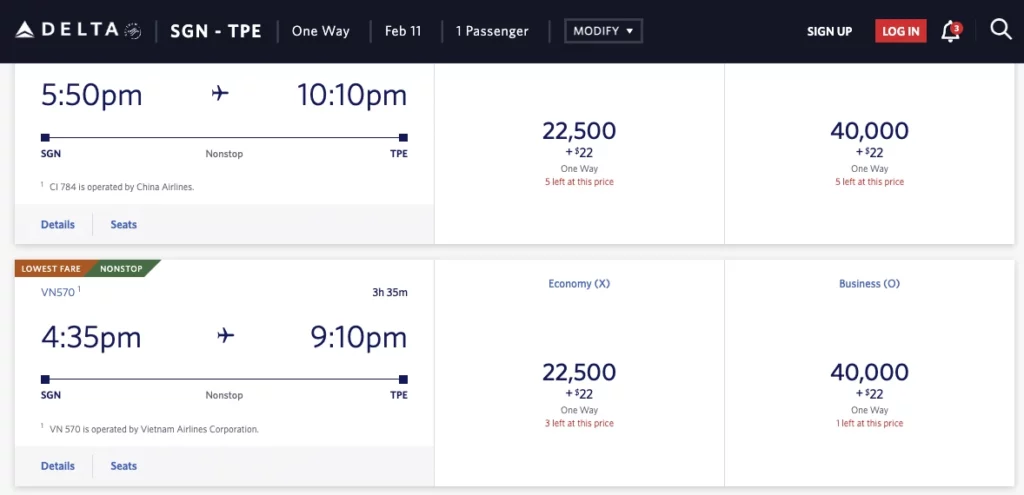 Delta shows the most availability for Skyteam partner award flights