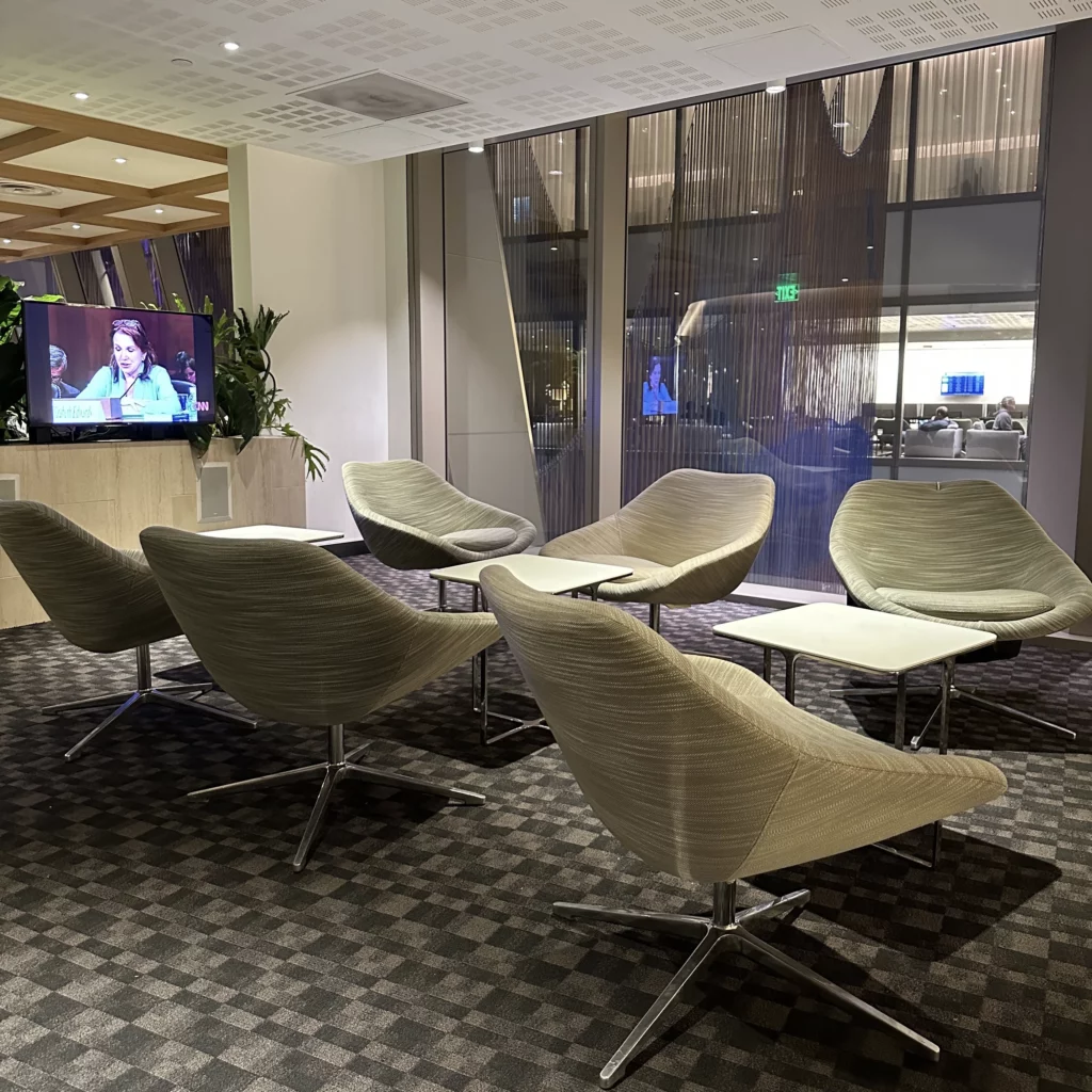 The OneWorld Lounge at LAX has lots of modern seating options