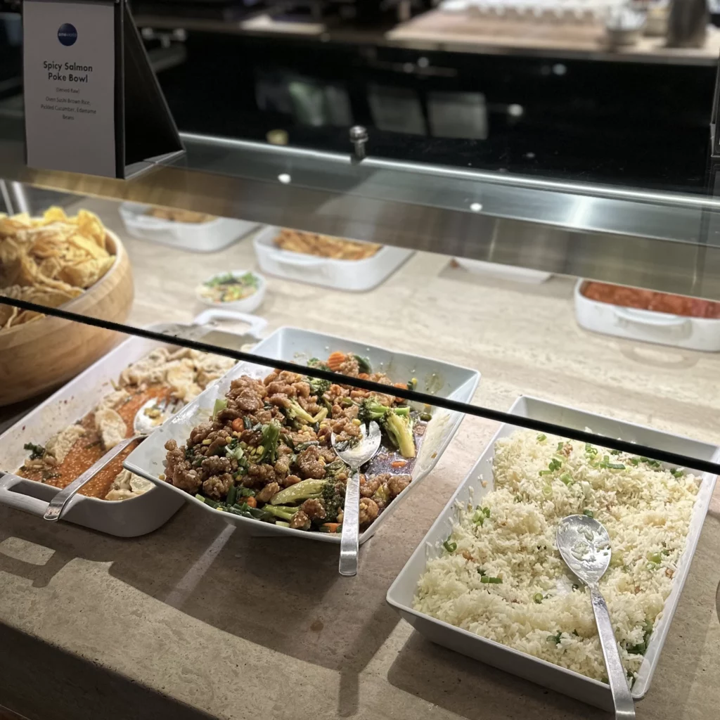The OneWorld Lounge at LAX has Asian inspired dishes like fried rice and dumplings