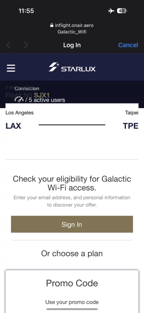 Starlux business class from Los Angeles to Taipei wifi is easy to connect to 