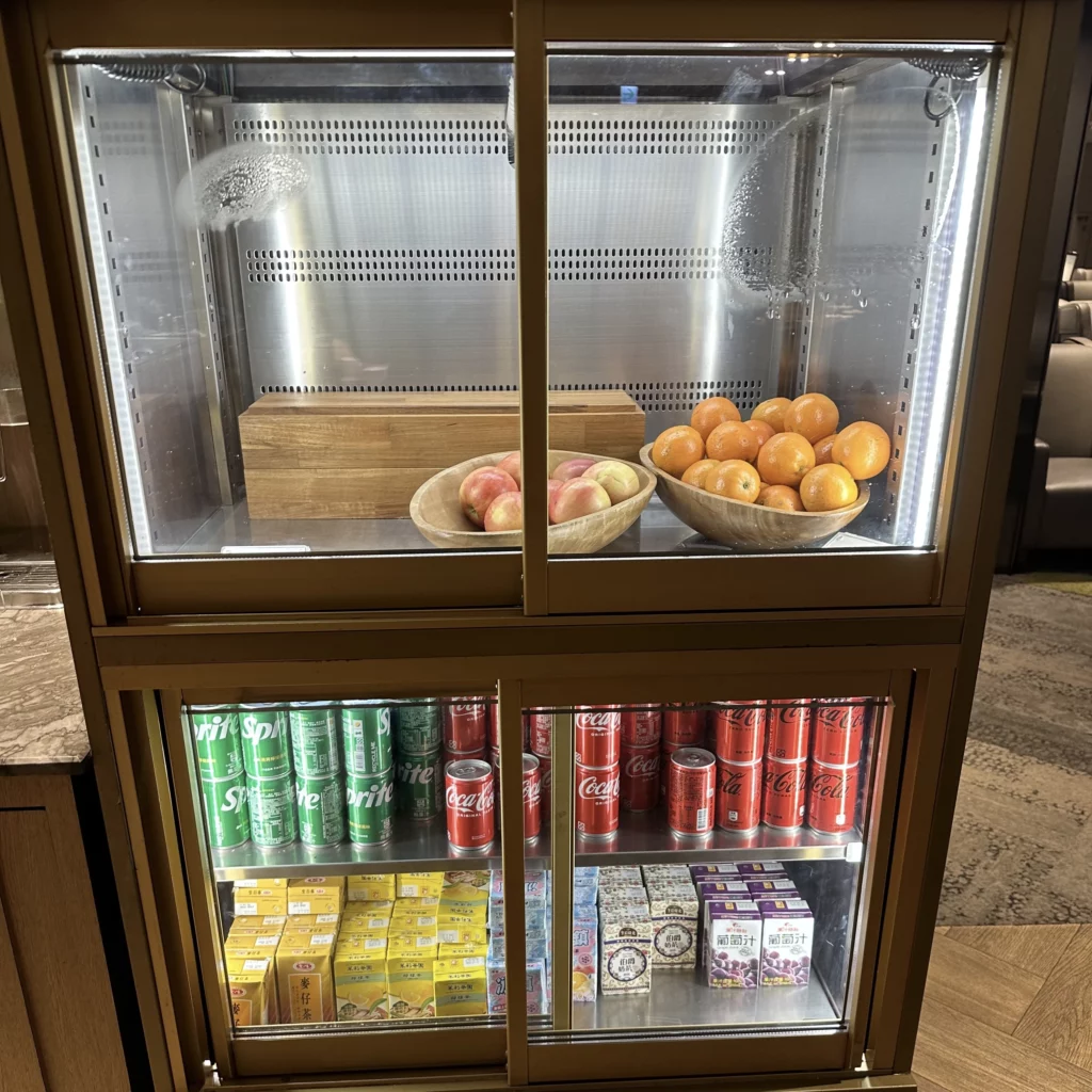 The Plaza Premium Lounge Zone A at Taoyuan International Airport in Taipei has a fully stocked drink refridgerator