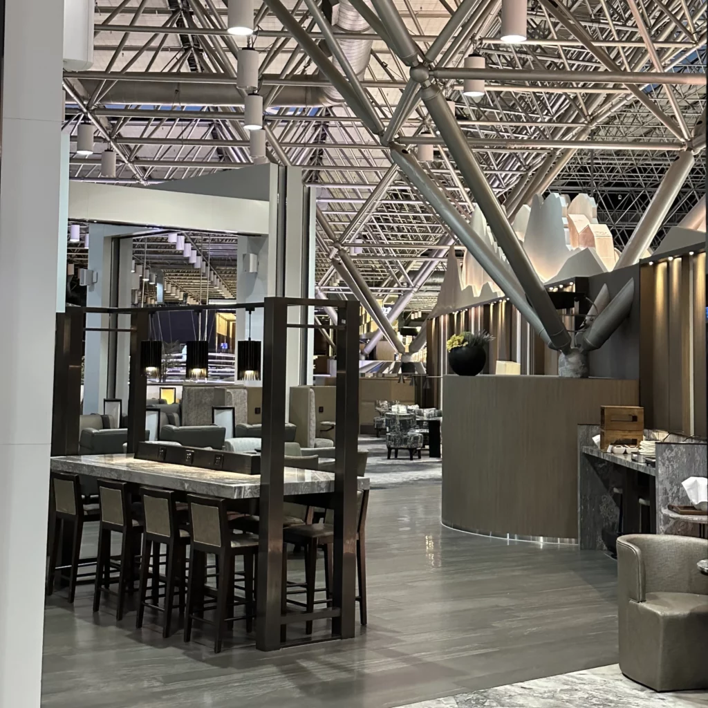 The Plaza Premium Lounge Zone A1 at Taoyuan International Airport in Taipei is an open air lounge with no ceiling that has similar decor and amenities to the Zone A lounge