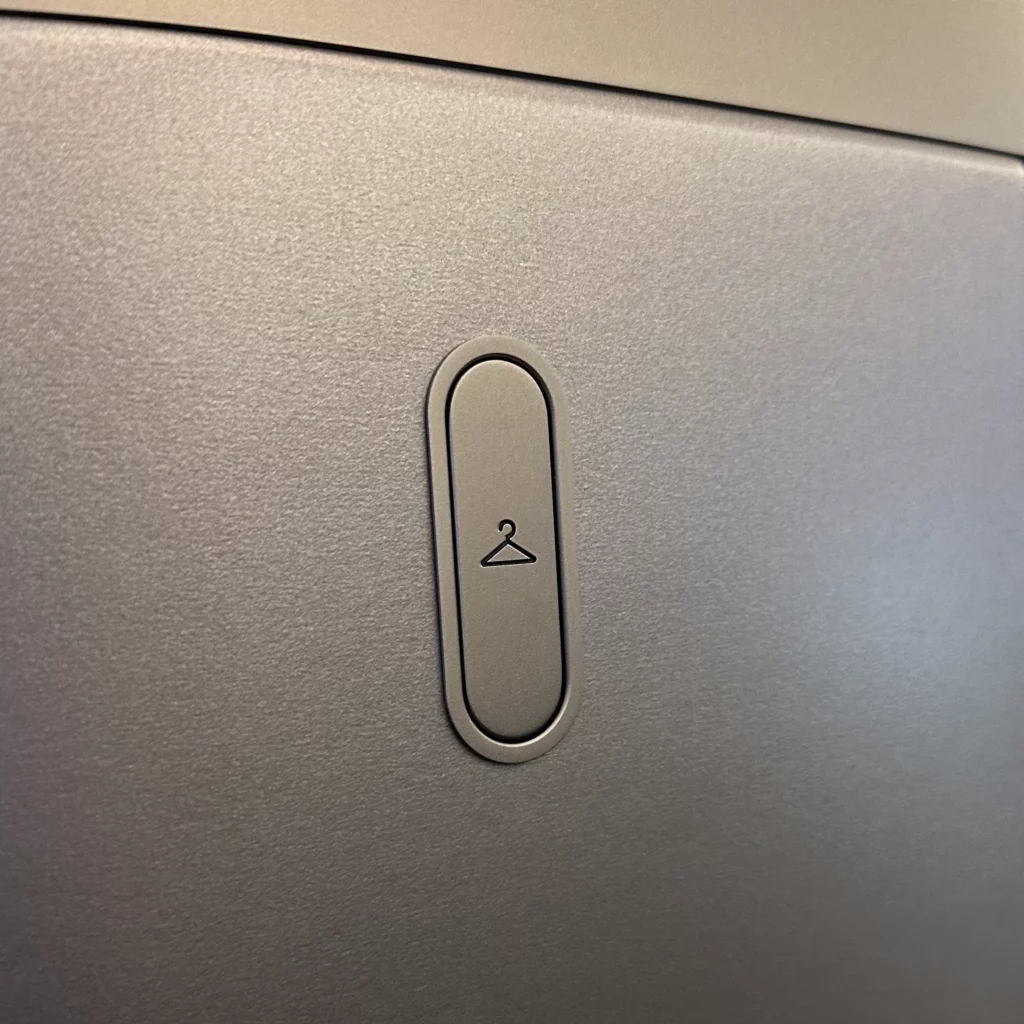 Starlux business class from Los Angeles to Taipei has a coat hook for each seat