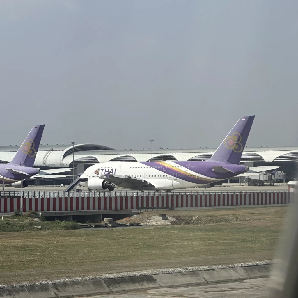 We passed by the retired Thai Airways A380-800s at Suvarnabhumi Airport (BKK)