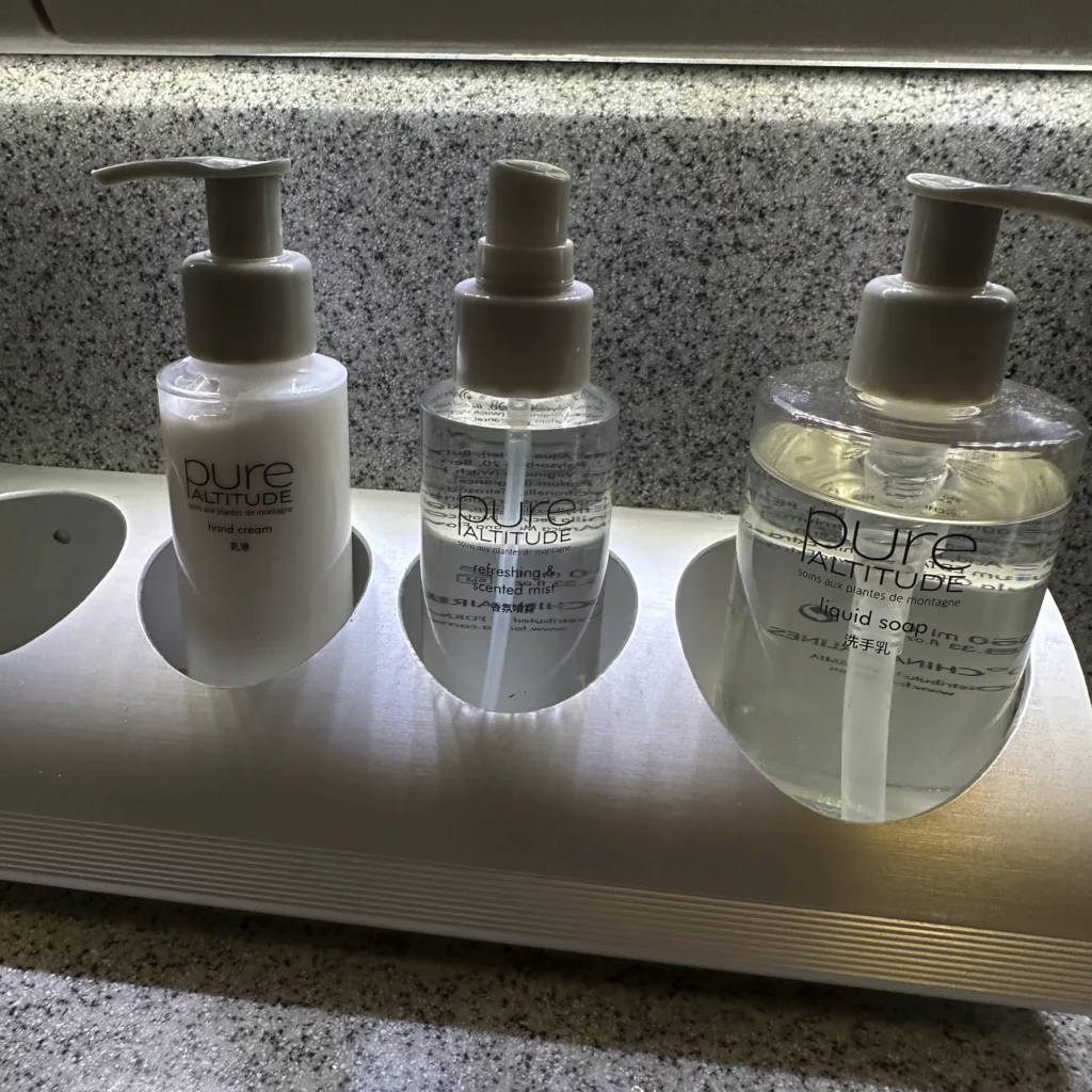 China Airlines A330-300 Business Class bathrooms have assorted creams and sprays