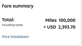 Using Etihad's miles plus cash option will cost you an additional $2,393.70 USD if you only want to spend 100,000 Guest miles