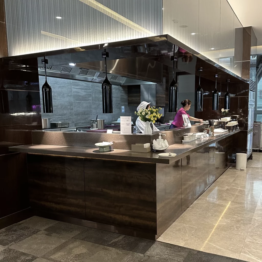 The Thai Airways Royal Orchid Prestige Business Class Lounge in Bangkok Suvarnabhumi Airport has a live cooking counter