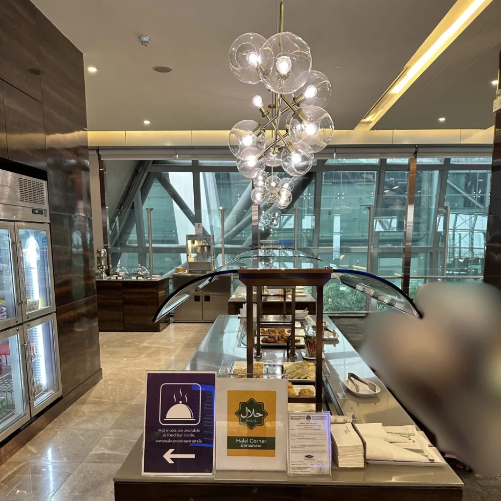 The Thai Airways Royal Orchid Prestige Business Class Lounge in Bangkok Suvarnabhumi Airport has a halal corner with various halal foods