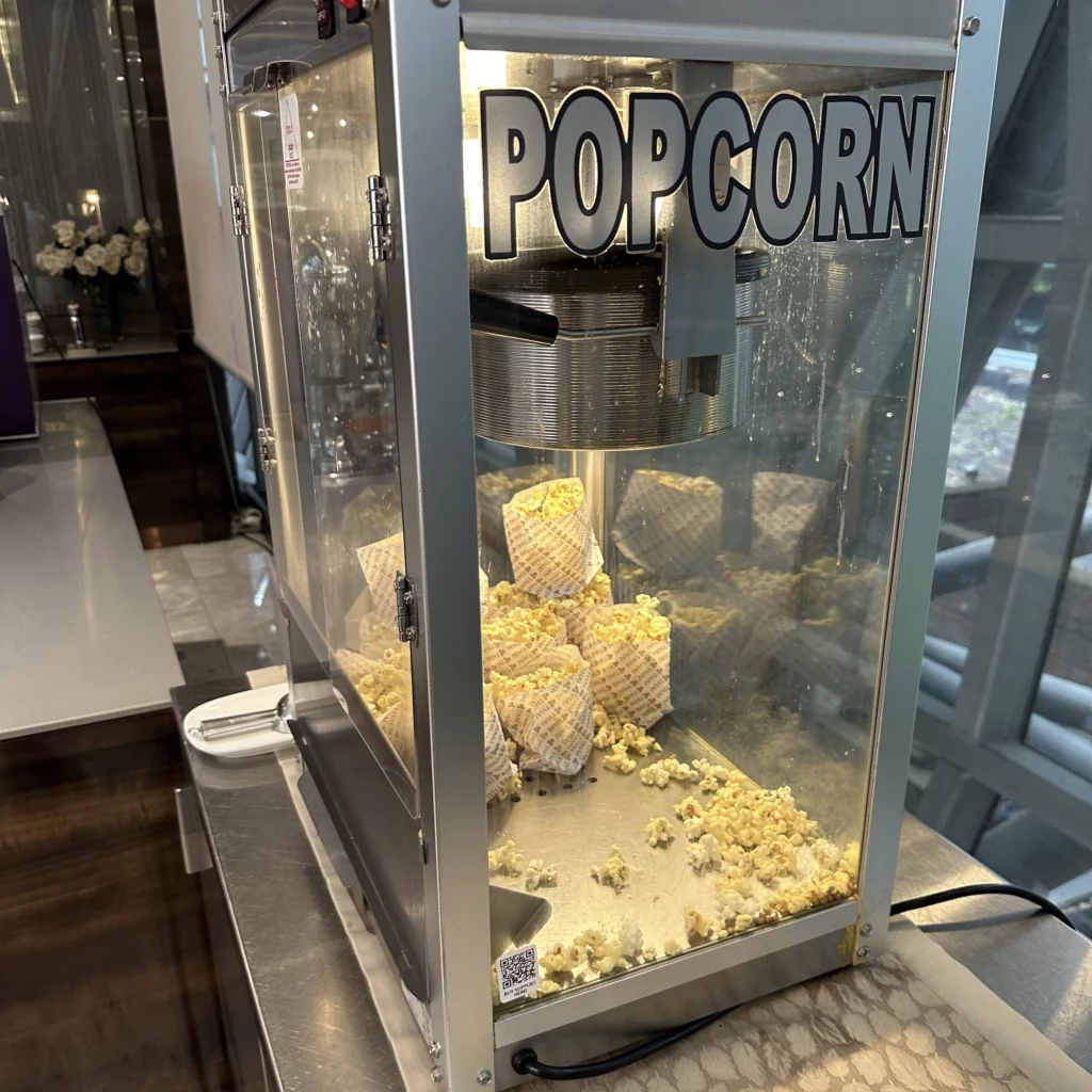 The Thai Airways Royal Orchid Prestige Business Class Lounge in Bangkok Suvarnabhumi Airport has a popcorn machine