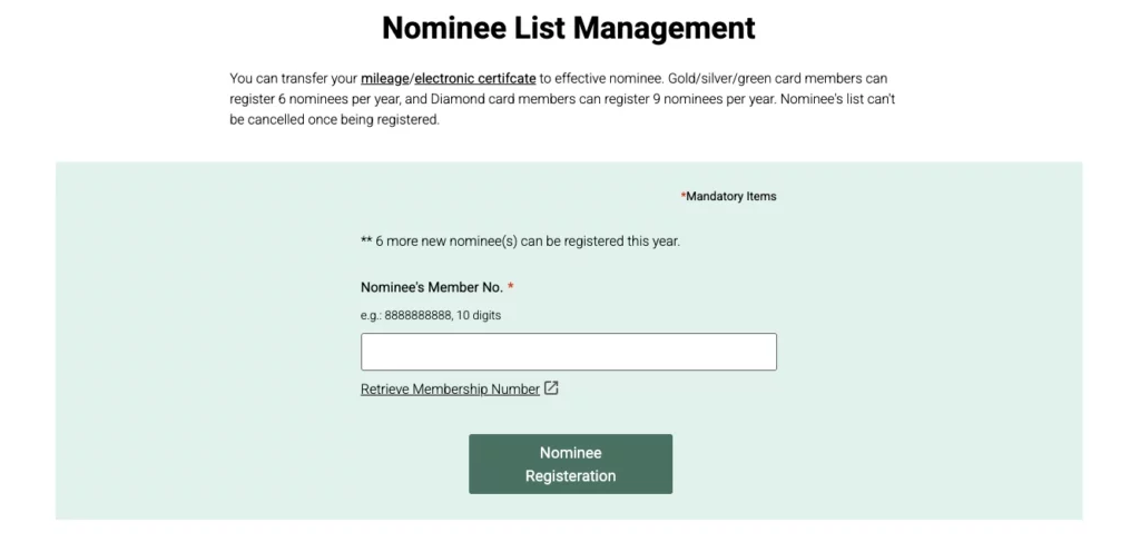 Activating EVA Air Online Service is required to add nominees to transfer miles to