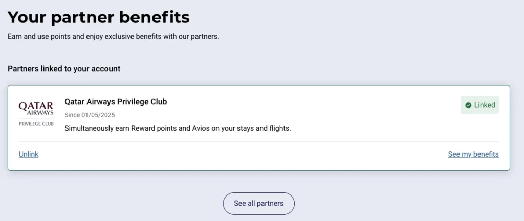 Confirmation screen showing successful linking of Accor and Qatar Privilege Club accounts