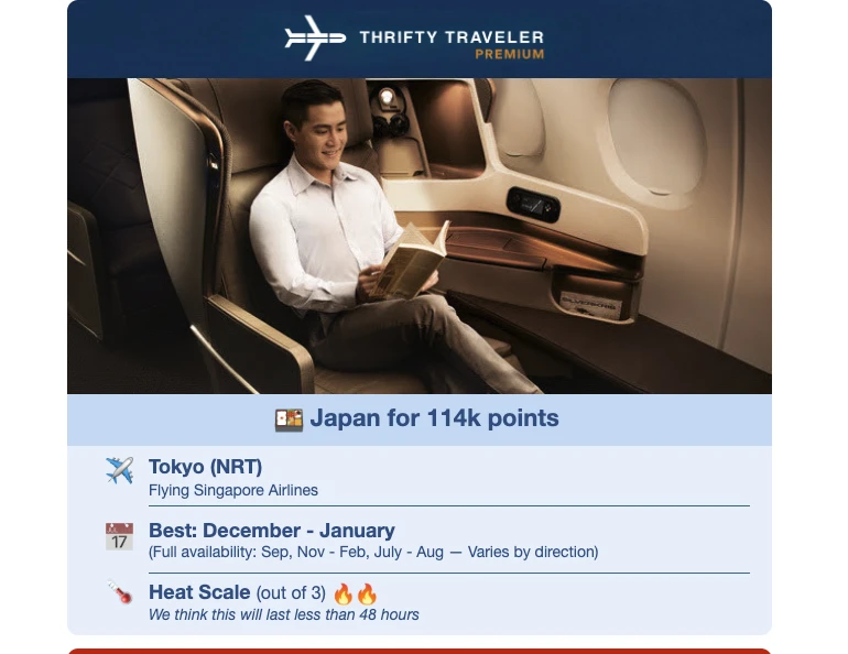 Thrifty Traveler Premium deal email with fare price, travel dates, and booking instructions